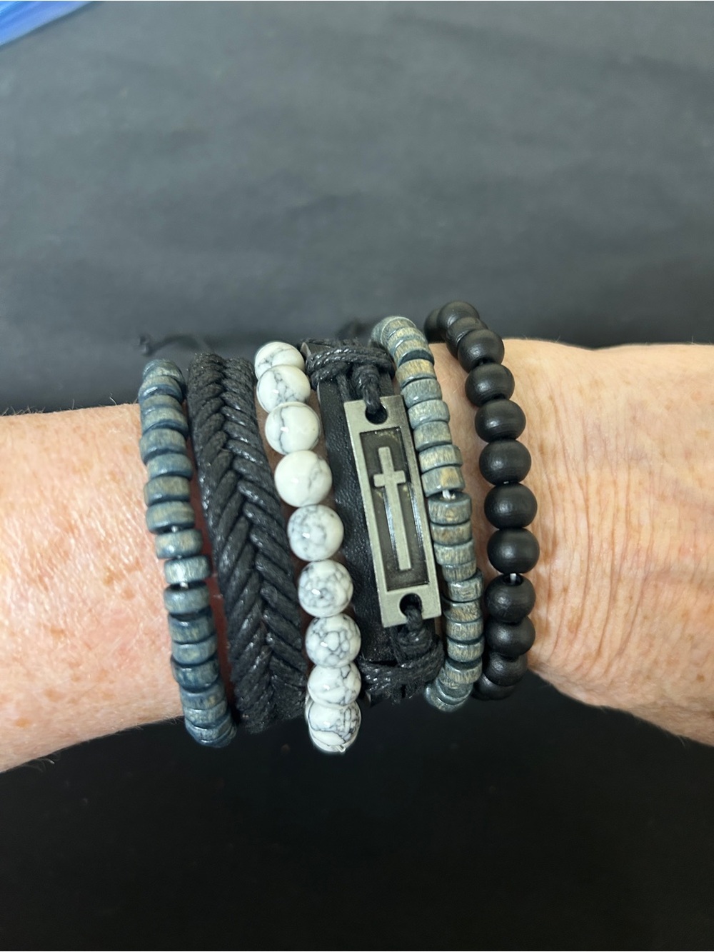 Black & White Multi-Strand Beaded Leather Bracelet Stack